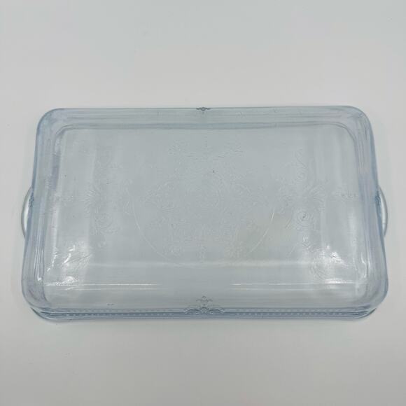 Vintage Fire King Small Glass Bakers Light Blue & Clear Glass w/ Embossed Flower - Picture 5 of 8